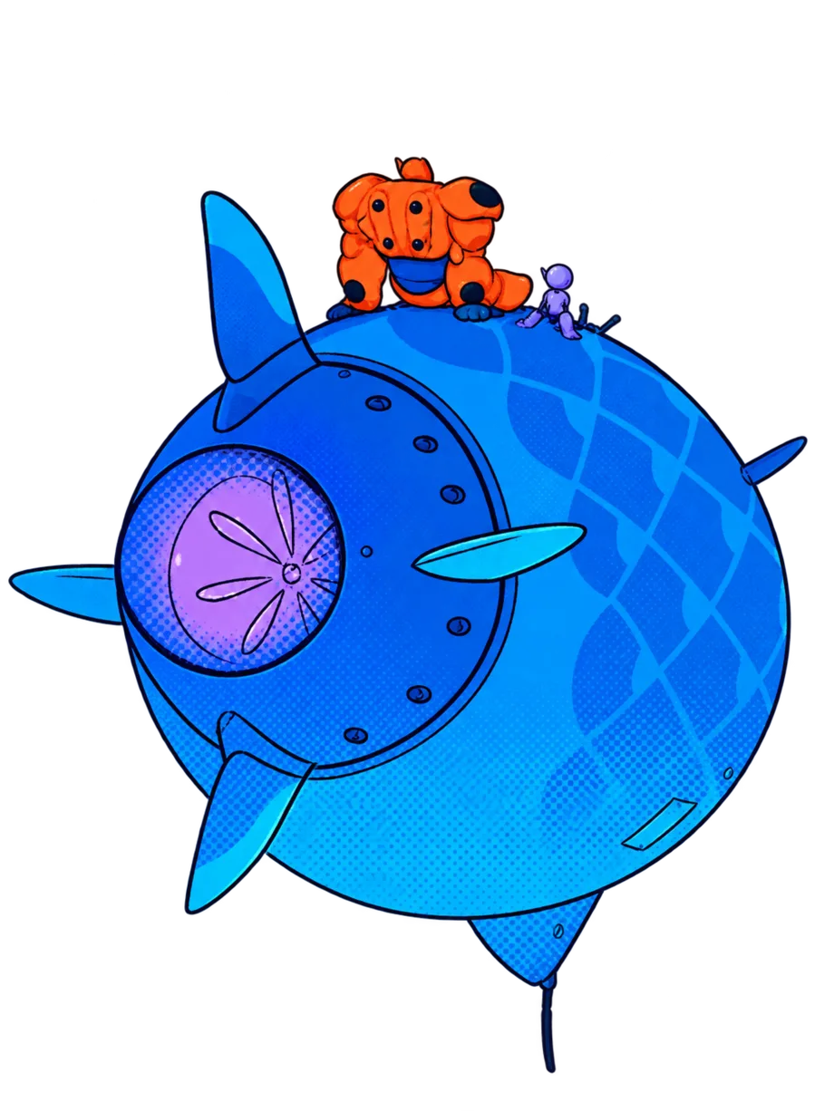 The blue vessel — hero 6, flight mode. orange robot and purple companion riding the hull