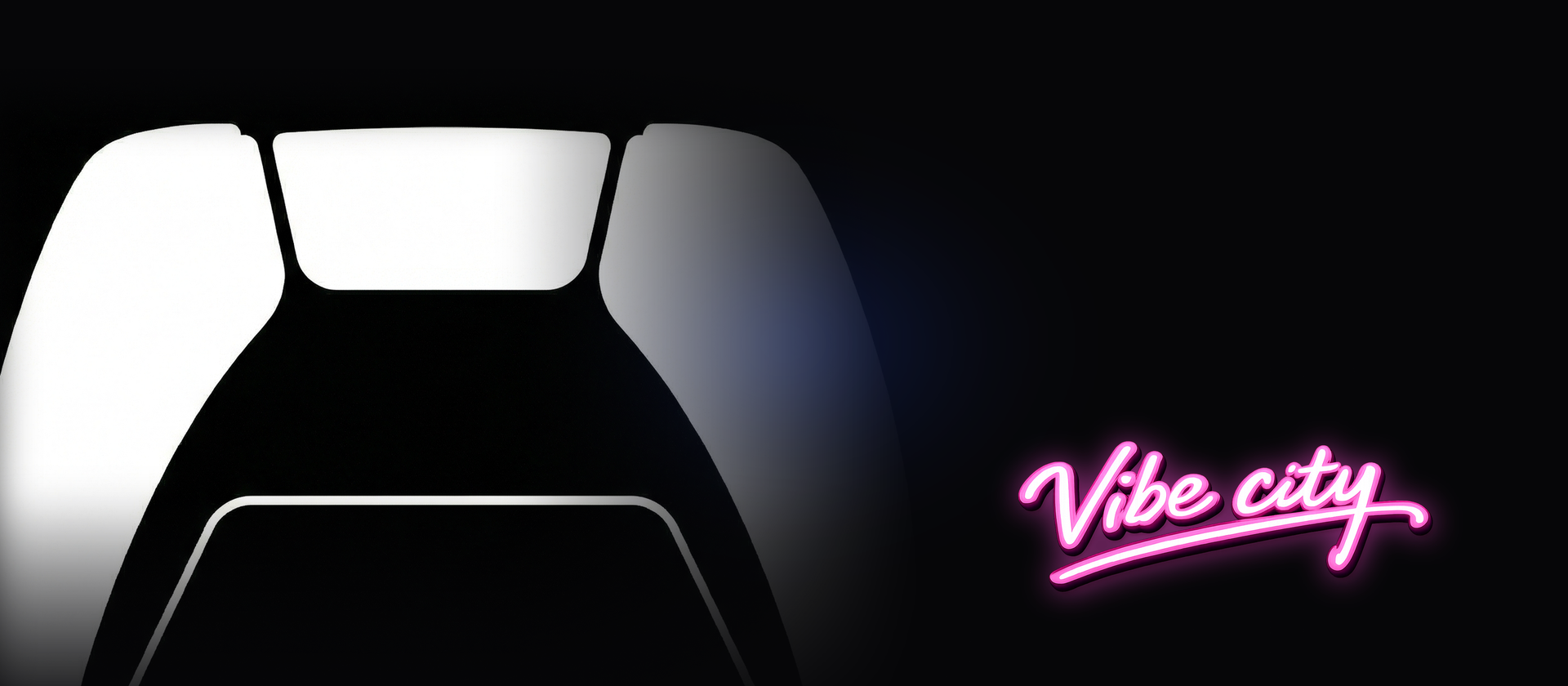 DualSense silhouette beside a neon pink Vibe City sign