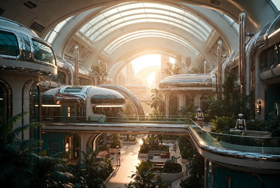 Interior of a bio-dome city: chrome walkways, tropical plantings, and service droids under a glass canopy at golden hour.