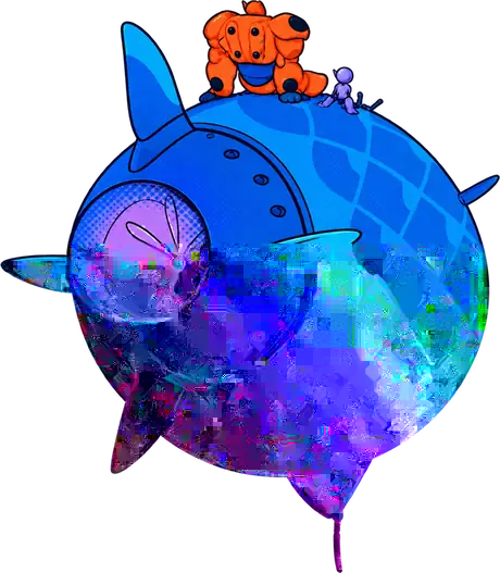 The blue submersible — the frontier vessel, orange robot and small companion riding the hull